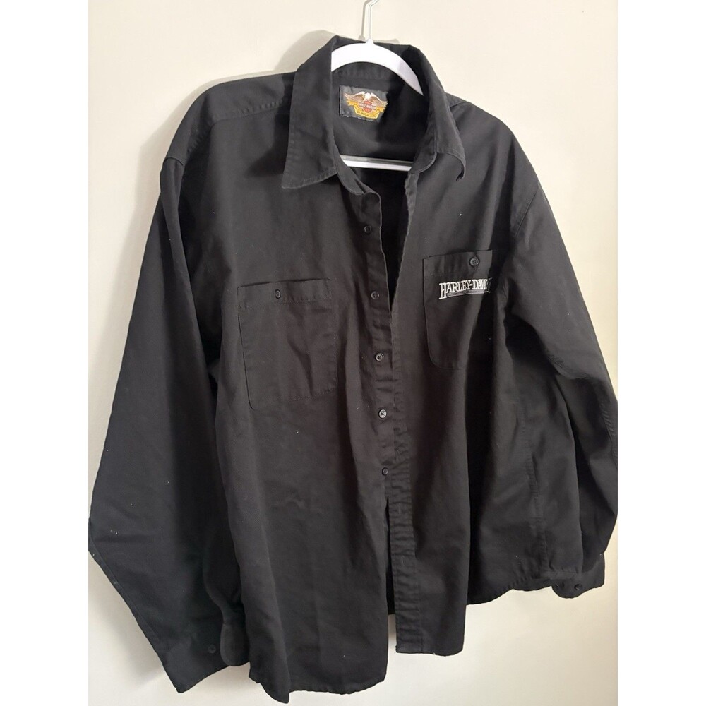 Vintage Men 2002 Harley Davidson Black Long Sleeve Mechanic Work Shirt Size XXL